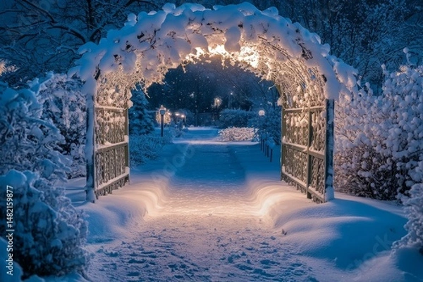 Fototapeta Frosty trellis leading into a snow-covered garden under moonlight, Generative AI