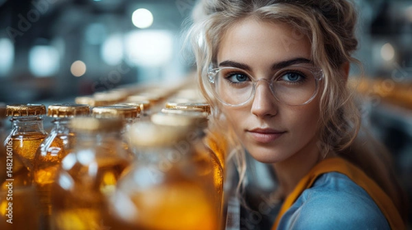 Fototapeta Young woman in glasses working in a beverage factory, looking thoughtfully at filled glass bottles.