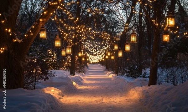 Fototapeta Lanterns hanging from frosted tree branches lighting a snowy pathway, Generative AI