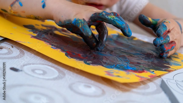 Fototapeta Joyful little girl engaging in fun educational finger painting activity, exploring creativity with vibrant colorful paints and learning through playful art exploration