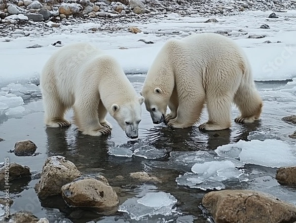 Fototapeta Polar bears playing on an icy shoreline under a soft winter sky, Generative AI