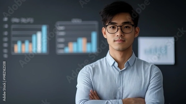 Fototapeta Elegant Asian Business Pitch: Balancing Power, Confidence, and Innovation with Clean Graphs for a Captivating Presentation