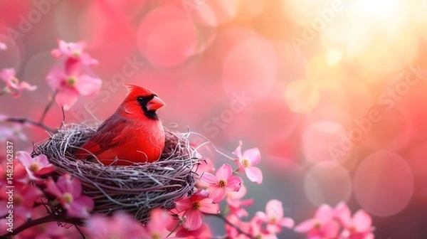 Fototapeta Vibrant Cardinal Perched in Dogwood Blossom Nest - Stunning HD Nature Background with Bright Colors