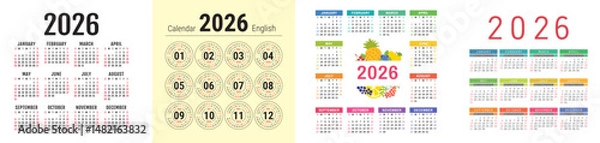 Fototapeta English calendar 2026 year collection. Square vector pocket or wall calender design template set. Week starts on Sunday
