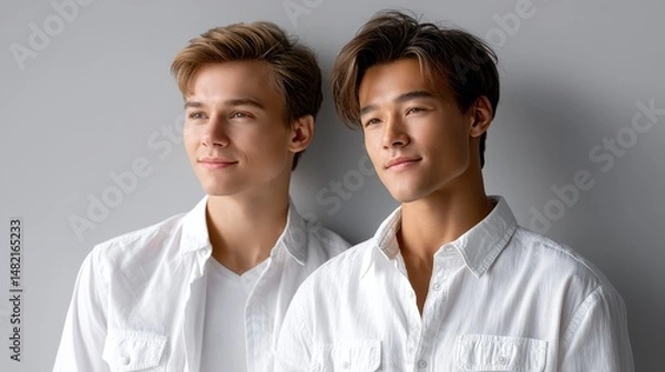Fototapeta Queer Couple Posing Together in Stylish White Shirts for App Startup Launch Concept