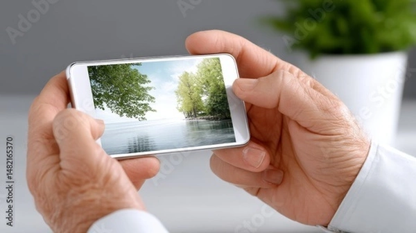 Fototapeta Elderly Man Holding Smartphone Viewing Scenic Landscape Image on Screen by Tranquil Water Body