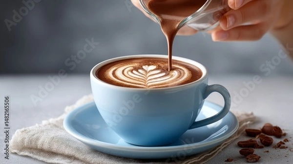 Fototapeta Sweet Indulgence on World Chocolate Day - Barista Creating Artistic Hot Chocolate with Copy Space for Storytelling Mood,3D rendering