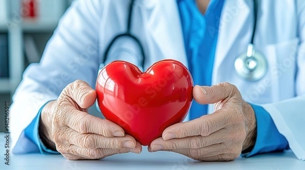 Fototapeta Senior Patient and Doctor Discussion on Cardiovascular Prevention with Copy Space for Text in Medical Office Setting