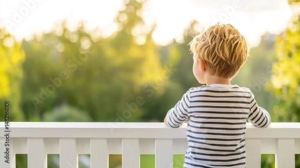 Fototapeta Family Fun DIY Deck Renovation: Children Decorating Freshly Painted Railings with Copy Space for Text