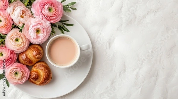 Fototapeta Elegant Mother's Day Breakfast in Bed - Overhead Shot of Flower, Croissant, and Coffee on White Duvet with Copy Space for Text