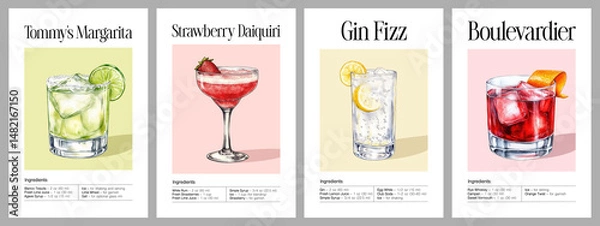 Fototapeta Set of four watercolor cocktail illustrations recipe poster: Tommy’s Margarita with lime garnish, Strawberry Daiquiri, Gin Fizz with lemon slice and bubbles, Boulevardier