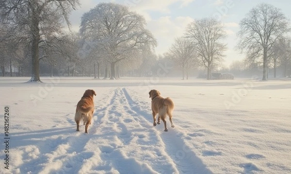 Fototapeta Dogs playing fetch in a snowy park with tracks leading across the field, Generative AI
