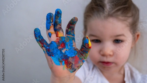 Fototapeta Little Girl Showing Hand Covered in Colorful Finger Paints, Smiling Playfully During Fun Creative Art Activity, Early Childhood Learning and Expression Concept