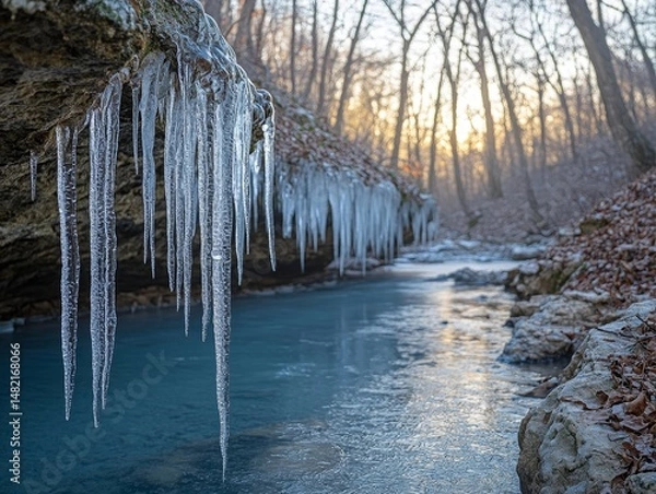 Fototapeta Frozen creek winding through a forest with sparkling icicles hanging from branches, Generative AI