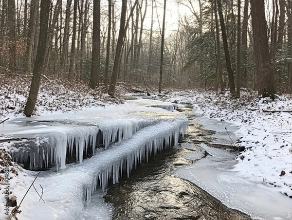 Fototapeta Frozen creek winding through a forest with sparkling icicles hanging from branches, Generative AI