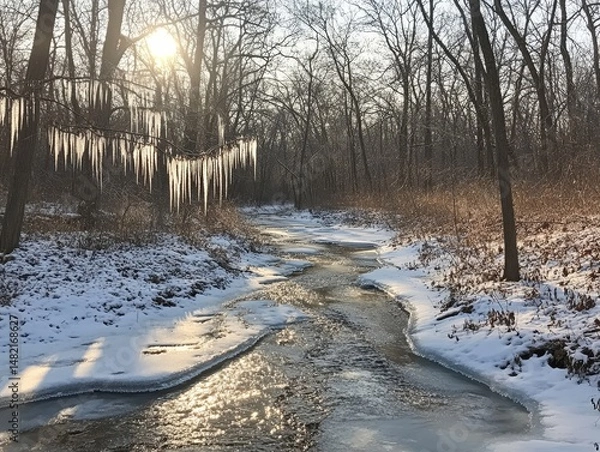 Fototapeta Frozen creek winding through a forest with sparkling icicles hanging from branches, Generative AI