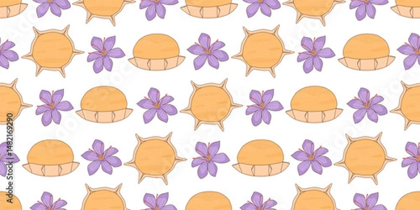 Fototapeta Cute hand drawn pardulas with saffron flowers traditional sardinian dessert food horizontal seamless vector pattern illustration on white background