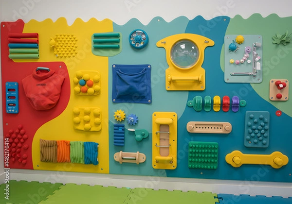 Fototapeta Colorful sensory wall panel with interactive elements for education