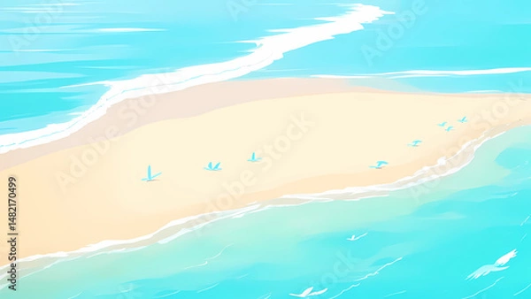 Fototapeta White beach sand meeting vibrant turquoise water with white breaking waves. Stylized birds are scattered across the sunny shore, creating a serene, tropical coastline scene seen from above.