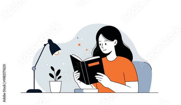 Fototapeta Woman reading book at desk with lamp and plant, relaxation and learning concept