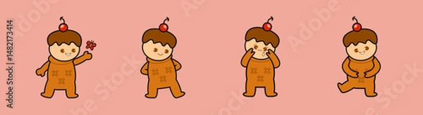 Fototapeta Retro style cute ice cream cartoon character set. Cone as the body, vanilla ice cream as the head, chocolate & cherry topping, with various expressions: playing, flirting, crying, and cheerful.