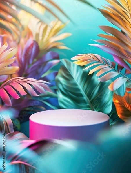 Fototapeta Empty cylindrical podium is nestled among lush colorful tropical leaves in shades of pink, purple, green and yellow. Perfect for showcasing energetic, summer or exotic products