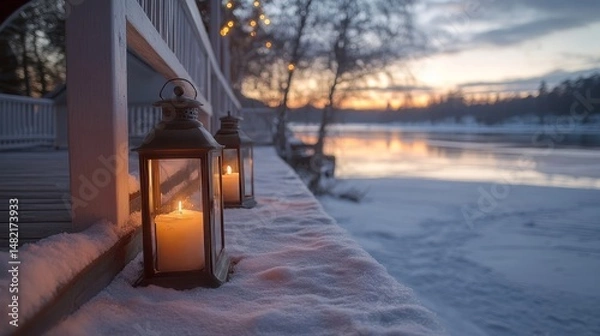 Fototapeta Vintage lanterns glowing on a snow-draped porch overlooking a frozen lake, Generative AI