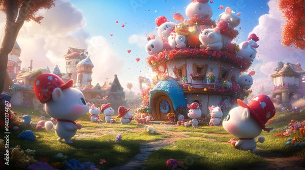 Obraz Cute characters in a whimsical town