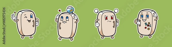 Fototapeta Set of adorable and expressive refrigerator character illustrations showcasing various moods and scenarios. Features a fridge with happy, loving, angry, and decorated expressions.