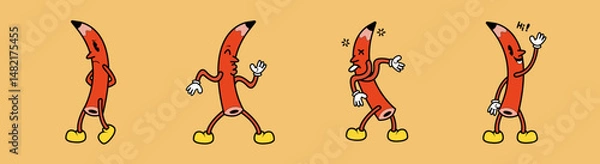 Fototapeta Four rubberhose retro-style pencil characters with funny expressions: sad, greeting, flirtatious, and tired. Cute vector illustrations are suitable for education, comics, and creative design elements.