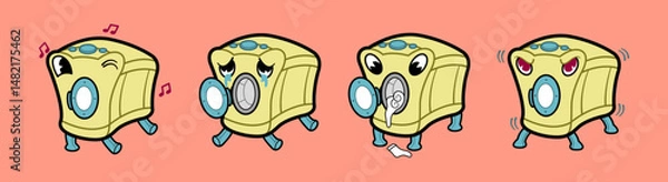 Fototapeta Set of cute and expressive washing machine character illustrations in various moods. Featuring a washing machine with happy, sad, confused, and angry emotions.