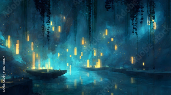 Obraz A fantastical cave illuminated by soft bioluminescence and arcade glow. Stalactites drip over joystick platforms, and glowing symbols hover mid-air. Water reflects the blinking lights of embedded