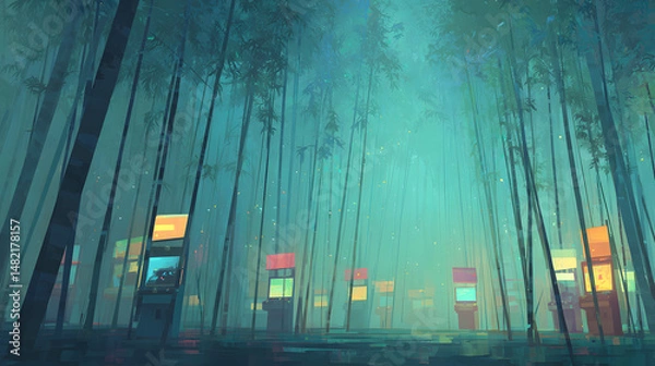 Obraz A dense bamboo grove transformed into a glowing game hall, where arcade machines are built into the stalks. Leaves are bioluminescent, reflecting the color palette of the screens. Small forest