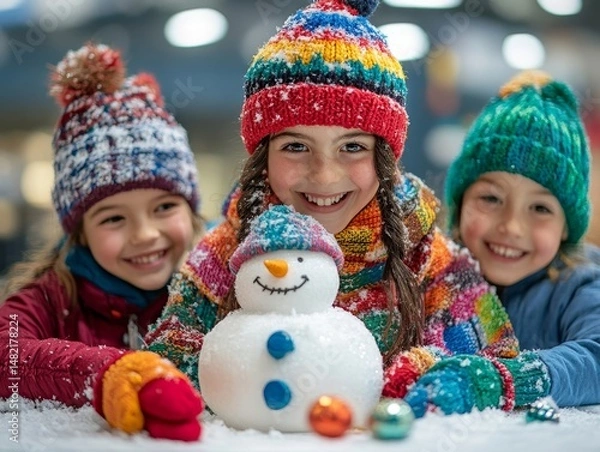 Fototapeta Children decorating a snowman with colorful scarves and hats, Generative AI