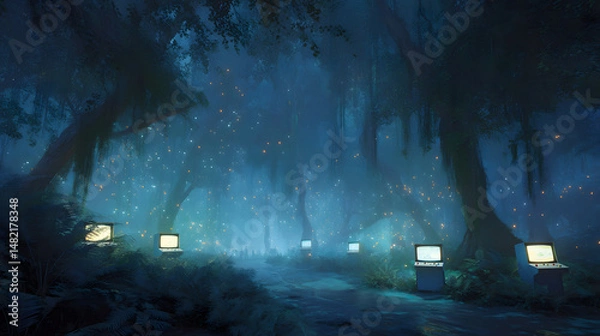 Obraz A magical glade lit by arcade screens embedded into tree trunks. Lush vegetation surrounds joystick consoles emerging from the ground like natural relics. The forest is alive with glowing leaves and
