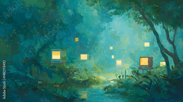 Obraz A magical glade lit by arcade screens embedded into tree trunks. Lush vegetation surrounds joystick consoles emerging from the ground like natural relics. The forest is alive with glowing leaves and