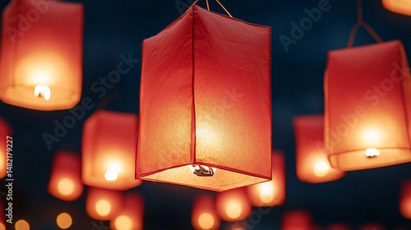Obraz Floating red lanterns at night