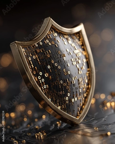 Fototapeta Exploring the Concept of a Golden Shield Embellished with Binary Symbols for Cybersecurity and Data Protection