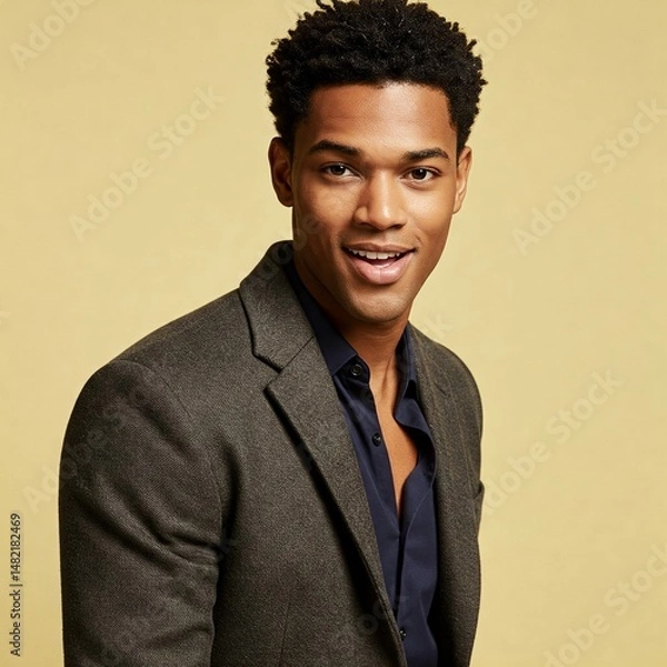 Fototapeta Smiling Young Man with Curly Hair in Dark Blazer and Blue Shirt Against a Soft Yellow Background - Cheerful and Stylish Portrait


