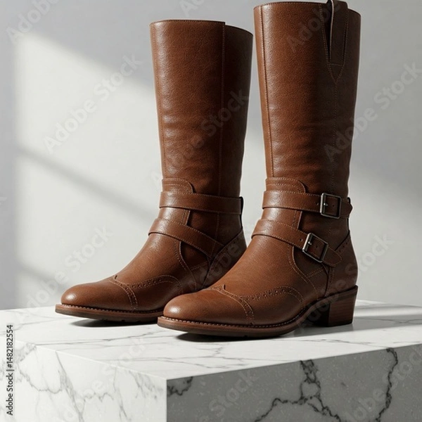 Fototapeta Elegant Brown Leather Knee-High Boots with Buckle Straps and Brogue Detailing on a Marble Surface - Stylish Women's Autumn Footwear

