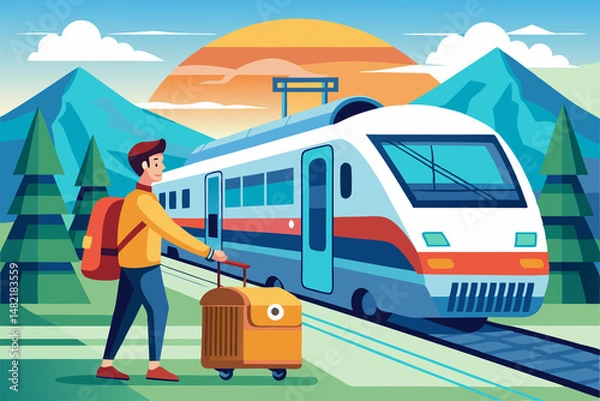 Obraz Travel on train.Tourist passenger waiting to arrive for vacation trip