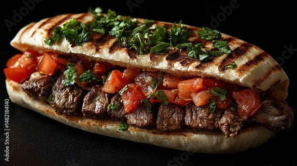 Fototapeta Grilled sandwich with sliced beef and tomato salsa.