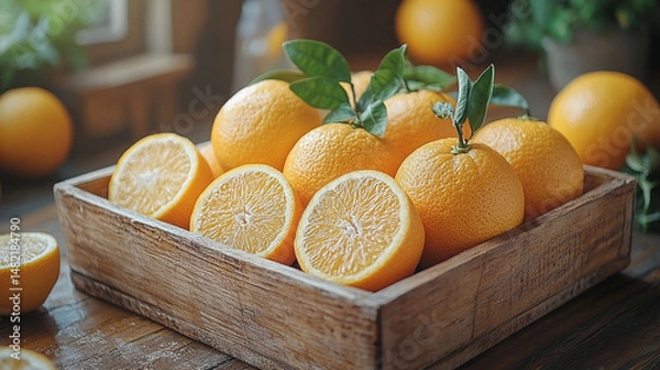 Fototapeta Fresh oranges in a wooden crate. (1)