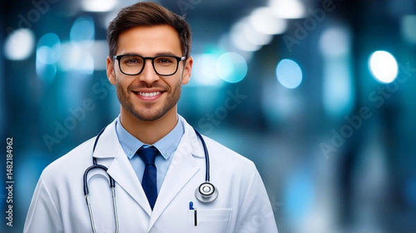 Fototapeta Confident young doctor smiling in modern hospital corridor with stethoscope and professional attire