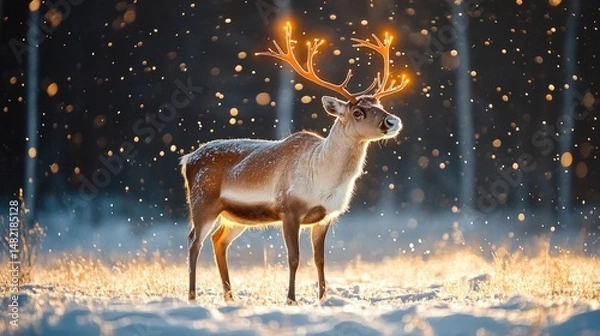 Fototapeta majestic reindeer with glowing antlers standing in a frosted clearing surrounded by softly falling snow, Generative AI