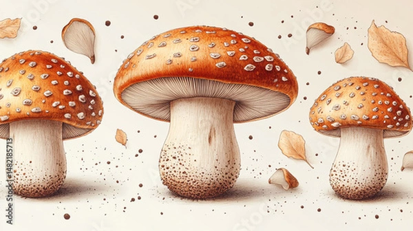 Fototapeta Three detailed illustrations of vibrant orange-red mushrooms with speckled caps, set against a backdrop of autumnal leaves, creating a visually appealing and realistic display.