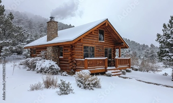 Fototapeta Cozy log cabin with smoke curling from the chimney nestled in the snow, Generative AI