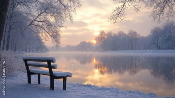 Fototapeta tranquil snowy bench overlooking a frozen lake reflecting hues of gold and pink from a winter sunset, Generative AI