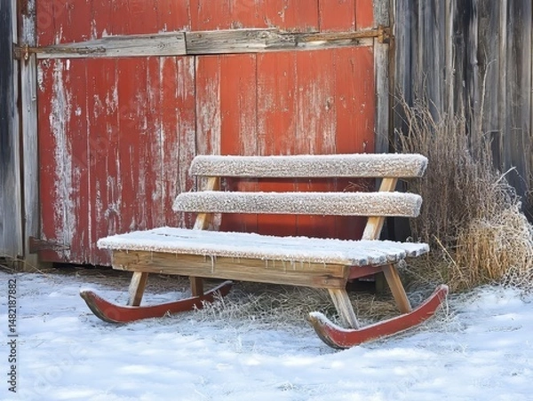 Fototapeta Wooden sled resting against a frost-covered barn in a quiet field, Generative AI