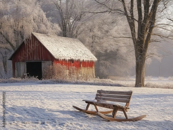 Fototapeta Wooden sled resting against a frost-covered barn in a quiet field, Generative AI